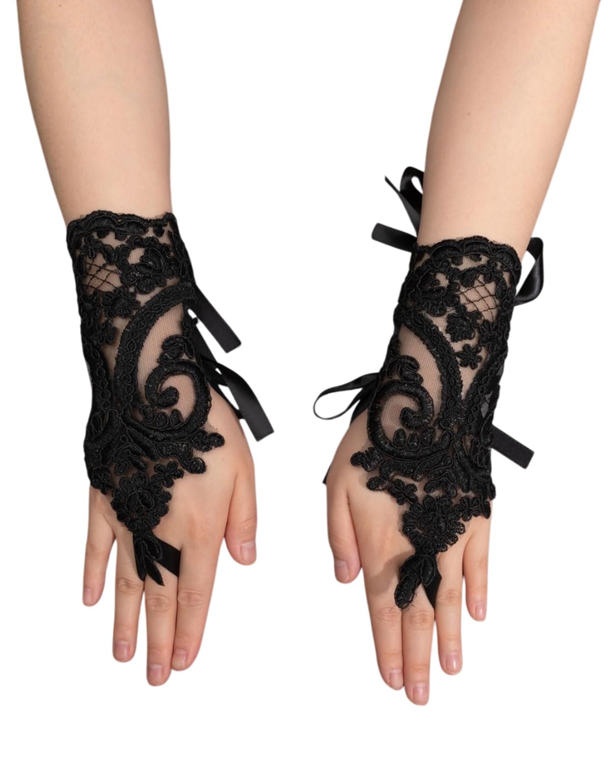 Seeksmile Guanti Corti In Pizzo Floreale Per Donna - Eleganti, Vintage, Taglia Unica, Colore Nero