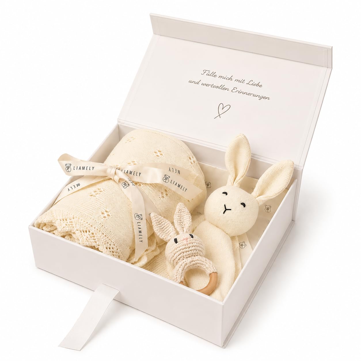 Baby Geschenkset Bloom zur Geburt – Babydecke + Kuscheltuch Bio-Baumwolle + Greifring Buche – Edle Geschenkbox – Geschenk Neugeborene Mädchen Jungen