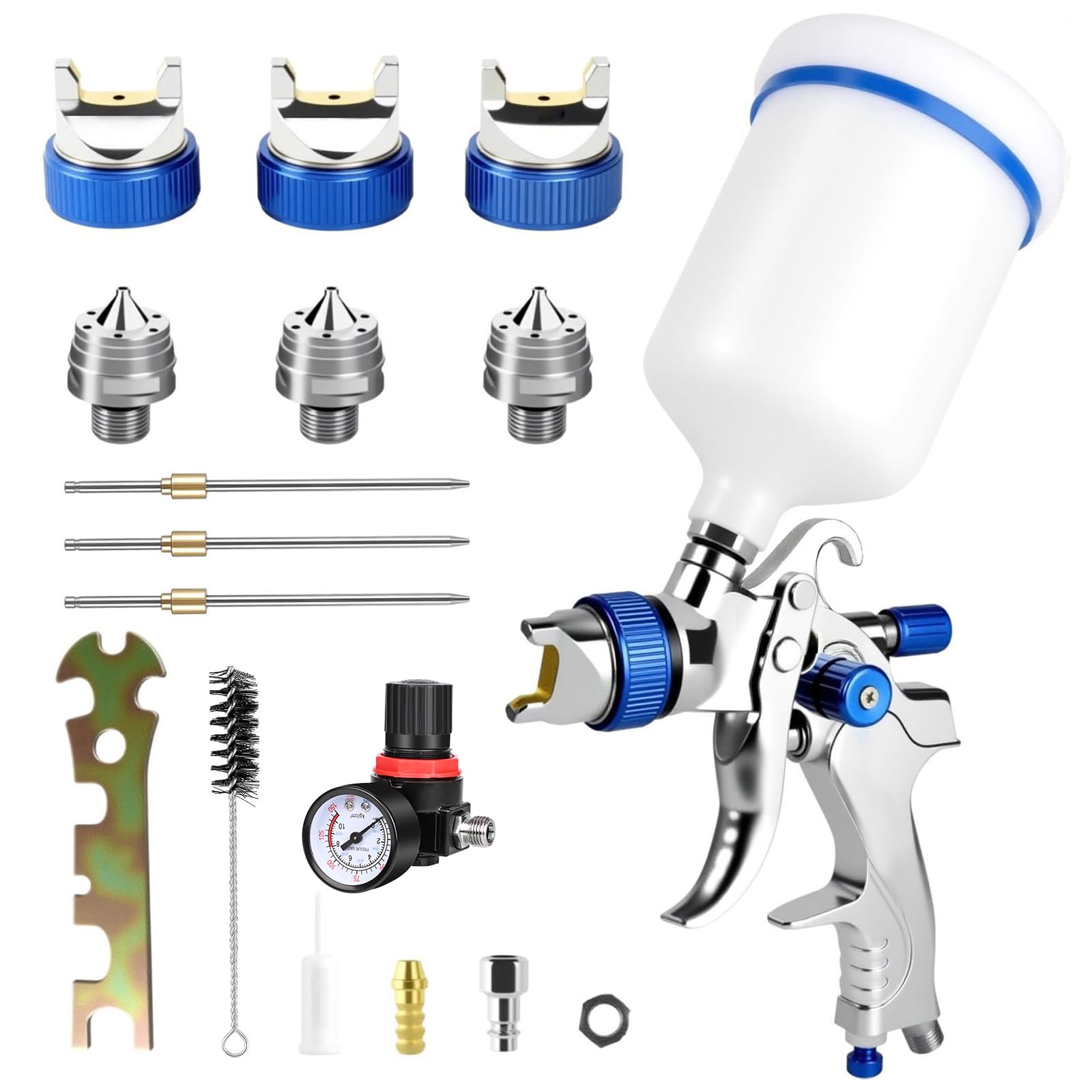 HVLP - Pistola a spruzzo con 3 ugelli, 1,4/1,7/2,0 mm, tazza da 600 ml, acciaio inox e rame, aria compressa