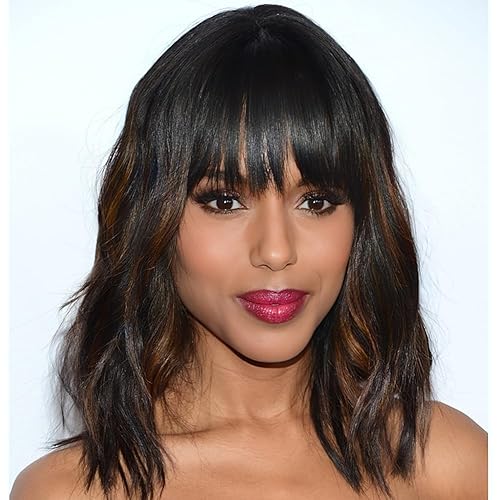 AISI HAIR Wavy Bob Wigs with Bangs for Women Black Mixed Brown Color Short Wavy Bob Curly Wig Synthetic Natural Looking Heat Resistant Fiber Hair for Women