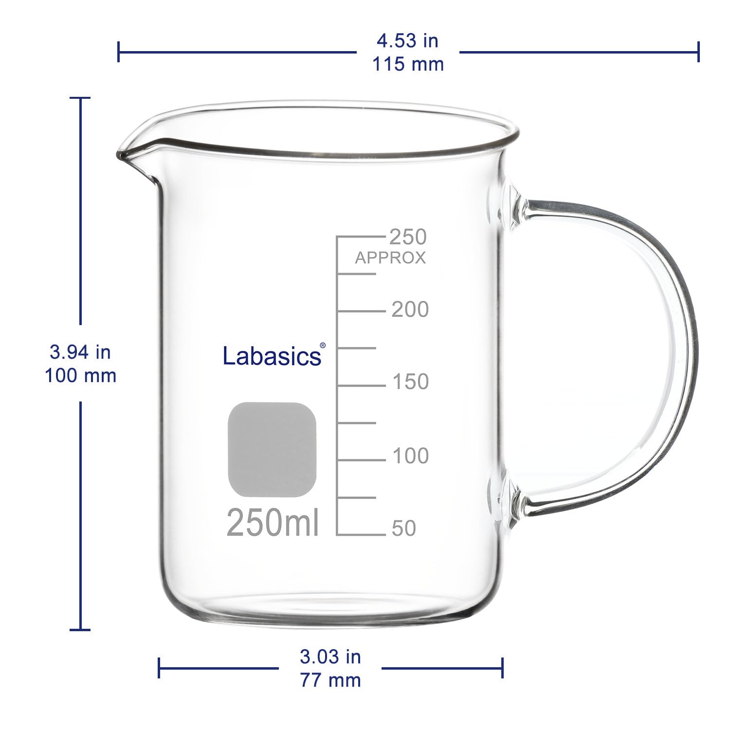 Labasics Bicchiere di Vetro, G3.3 Bicchiere Graduato in Vetro Borosilicato da Laboratorio Bicchiere di Misura Trasparente Bicchiere di Forma Bassa Griffin con Manico e Beccuccio, 250 ml