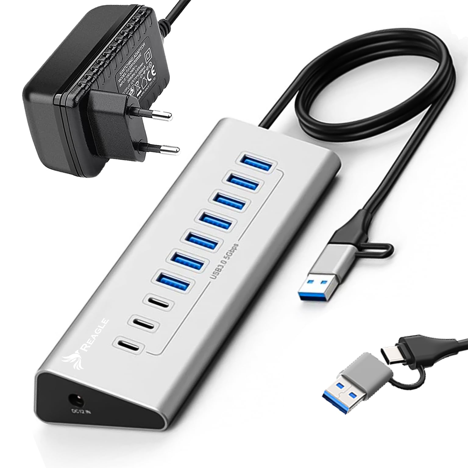 REAGLE Concentrador de 10 puertos, USB 3.2 con cable de 100 cm para escritorio, 10 en 1, 7 puertos USB-A y 3 x USB-C, 36 W, Plug and Play, aluminio USB distribuidor 5 Gbps, para PC, portátil, MacBook