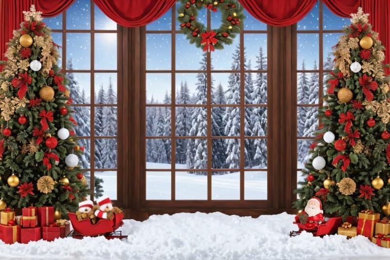 Miniatura 4 de CRTPOD Telón de fondo de ventana de Navidad de 5 x 3 pies para sesión de fotos, fondo de bosque de nieve de invierno para fotografía, árbol de
