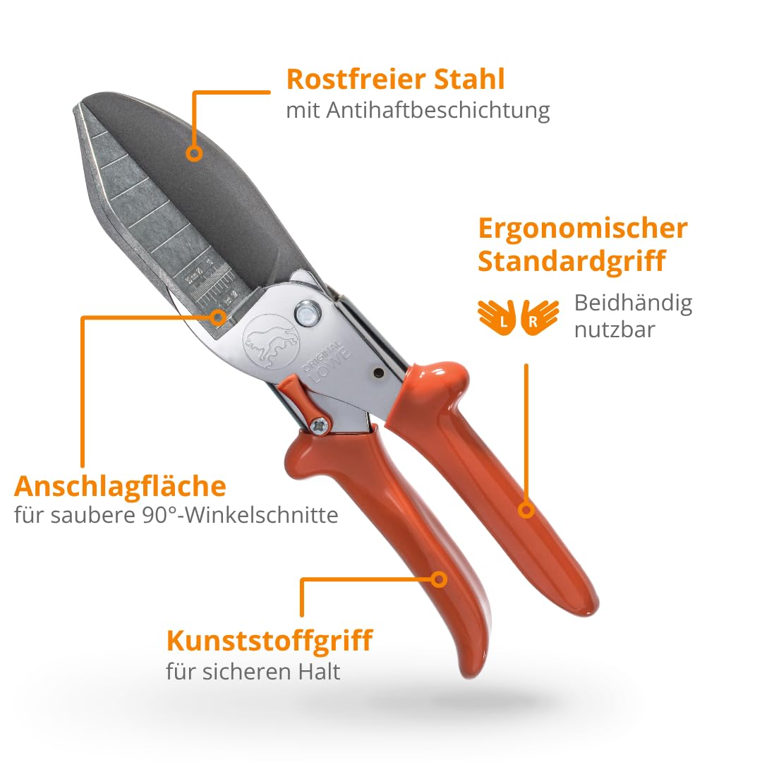 Original LÖWE Leistenschere 3.306 mit 90 Grad Anschlägen für den professionellen Einsatz im Handwerk - Leistenschneider mit langer Klinge für exakten Schnitt an Kunststoff Gummi Holz PVC Leder, metall