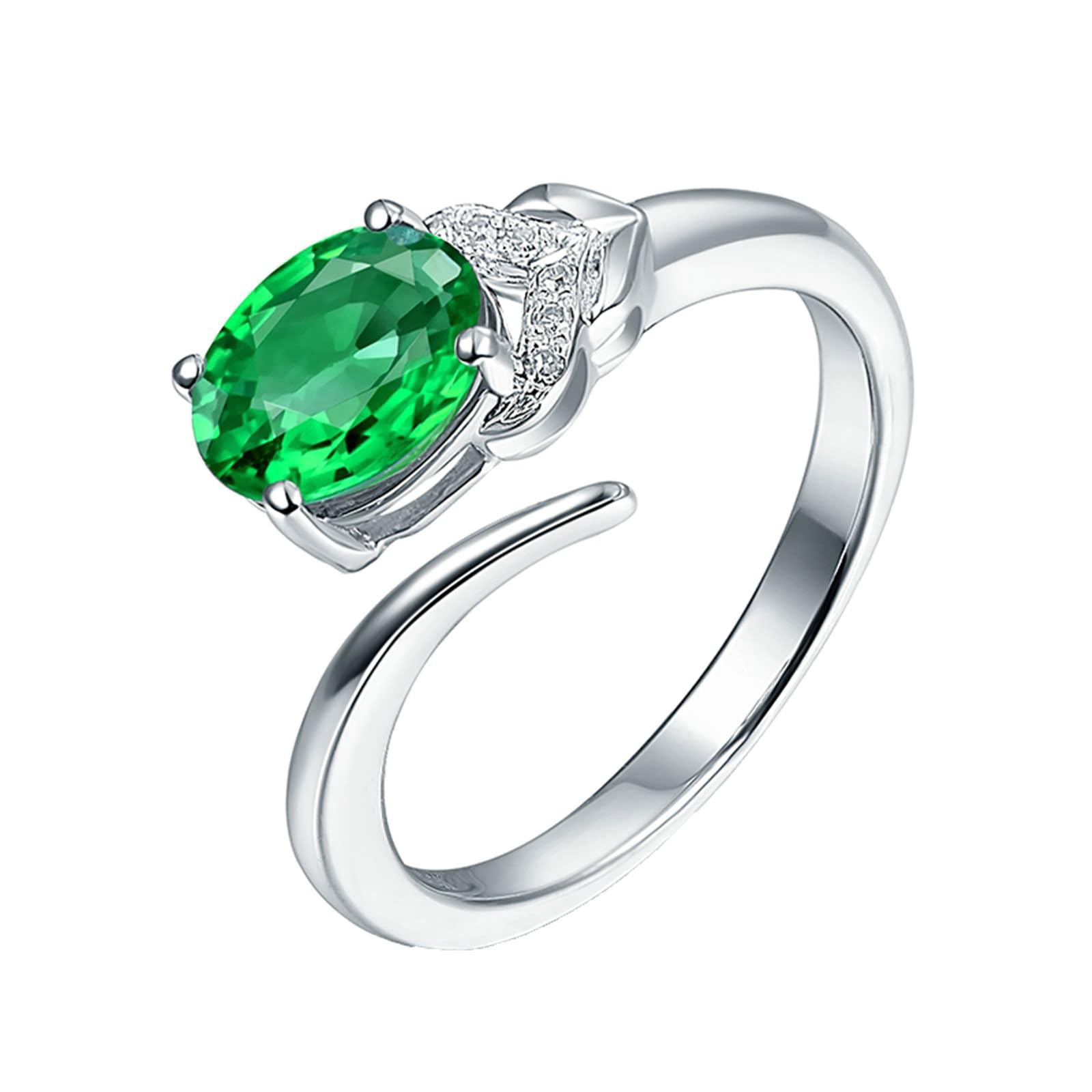 Anillos de compromiso de oro blanco y platino, anillo de boda para mujer, talla 1/2-V, 1/2, rosa con esmeralda ovalada de 1,2 quilates y moissanita de 0,03 quilates