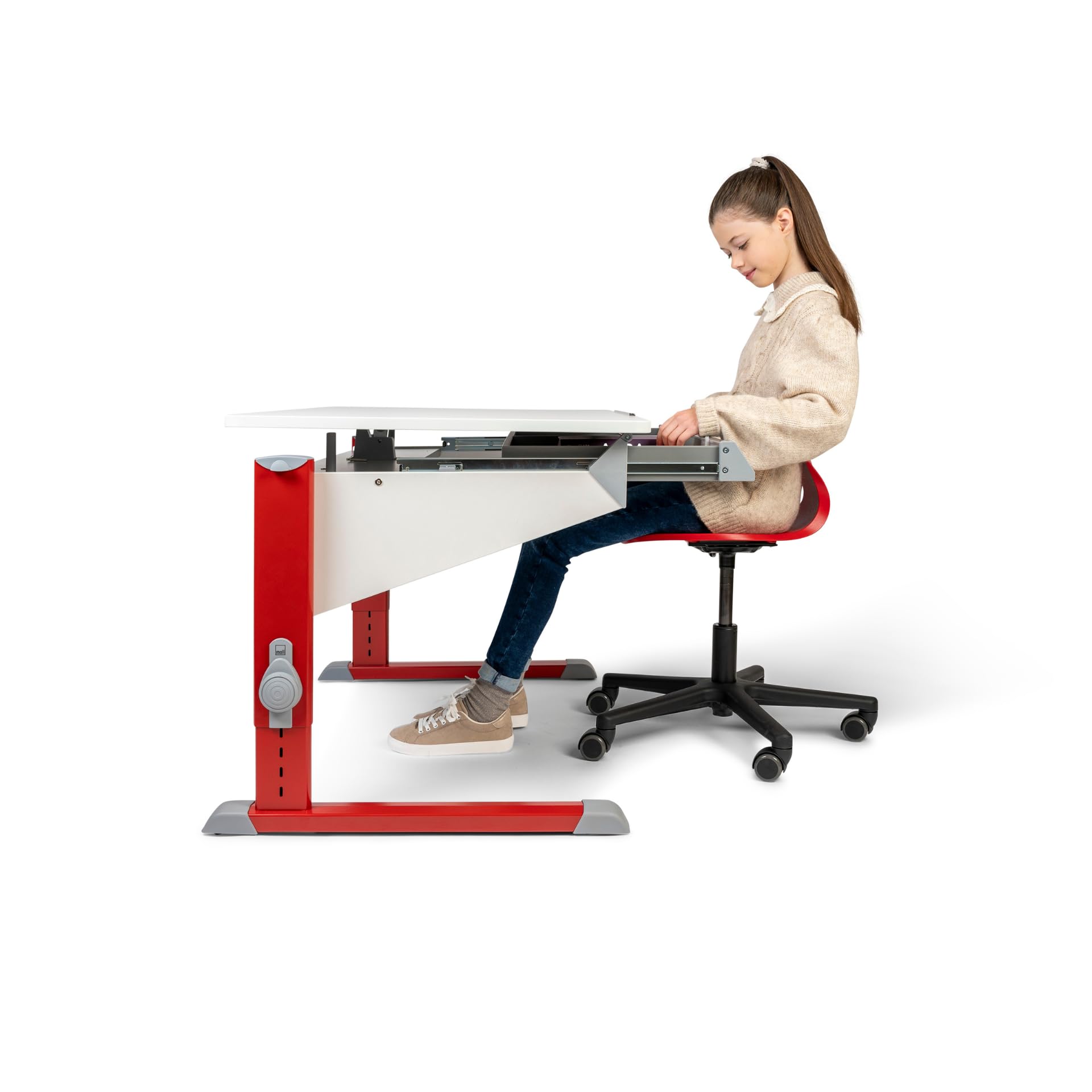 Moll Bandit Kinderschreibtisch höhenverstellbar | mitwachsend, ergonomisch & neigbar für aufrechtes Sitzen | ideal für Schulkinder | Schreibtisch weiß (Side Top & Schublade, Blau, 90cm x 70,5cm)
