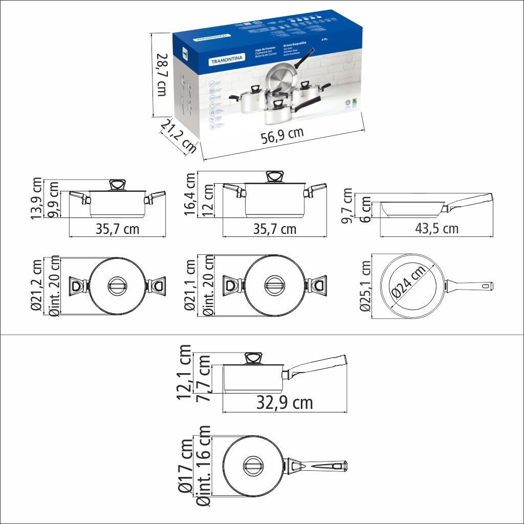 Tramontina Batterie de Cuisine Brava Inox Fond Triple Bakélite 4 Pièces