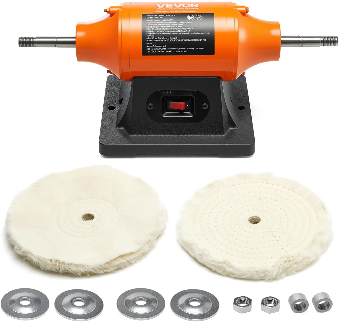 VEVOR 3/4HP Bench Buffer Polisher, 8-inch Bench Polishing Buffing Machine, 3450RPM Single Speed Benchtop Polisher with 2PCS Cloth Wheels & Cast Iron Base for Metal, Jewelry, Wood Polishing