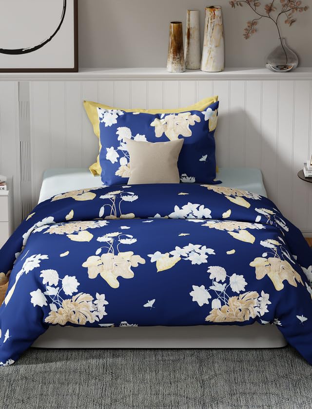 Image of United Colors of Benetton Rainbow Navy Blue Floral Cotton Single Bedsheet with 1 Pillow Cover | Skin-Friendly 144 TC | Soft, Breathable & Comfortable Bed Linen | 90 x 60 Inches