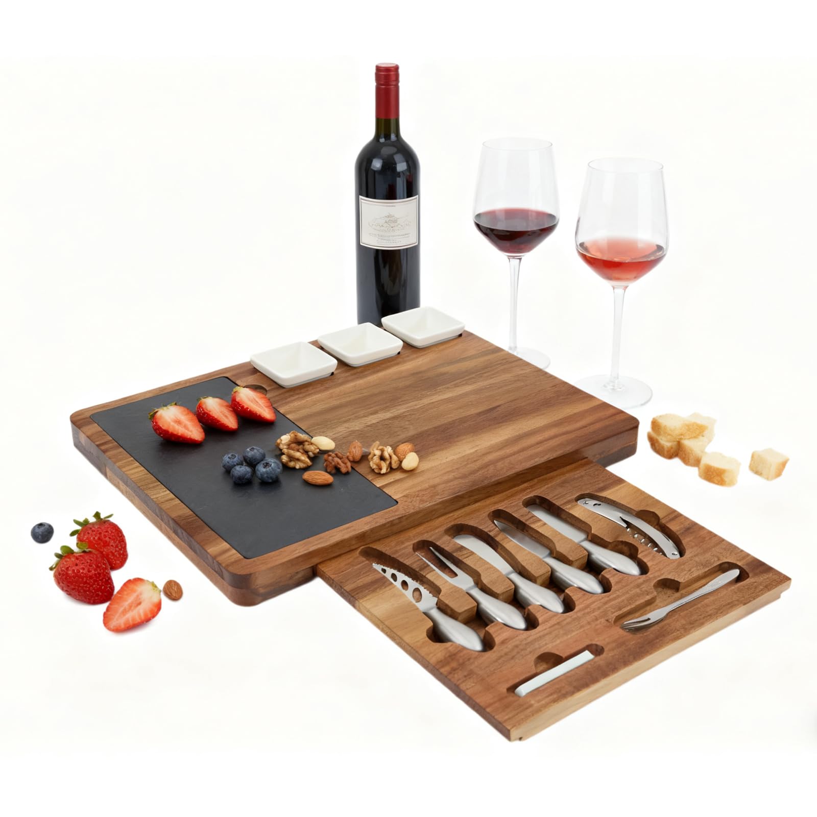 Louis Donné Juego de tabla de queso para charcutería, plato para servir queso con juego de cuchillos, bandeja para parejas, regalos de despedida de soltera, boda, inauguración de la casa, aniversario