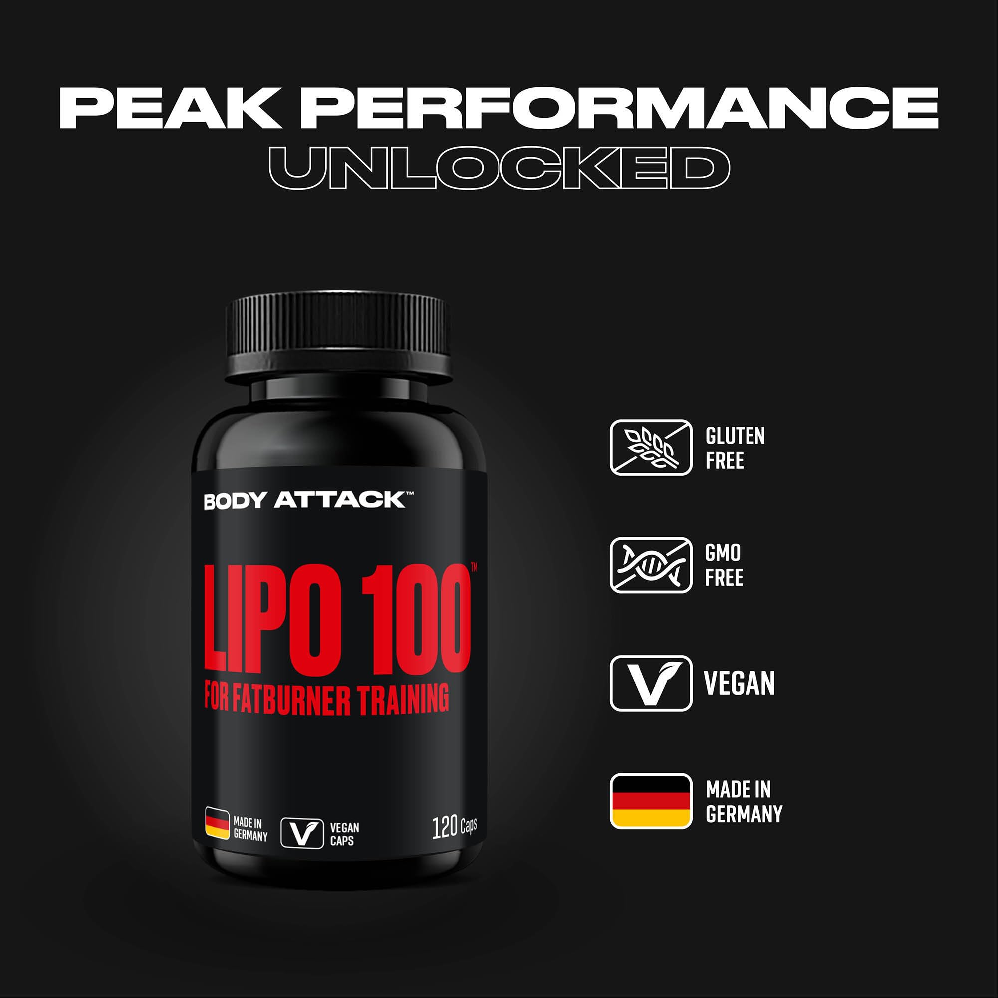 Body Attack LIPO 100-120 vegane Kapseln - Stoffwechsel Beschleunigen mit Lipocholine®, 200 mg Koffein, Ginseng & Grüner Tee Extrakt, Theacrin - Für Fatburner-Training & Diät - Made in Germany