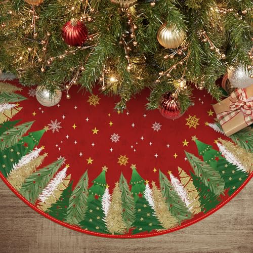 Artoid Mode Red Pine Snowflakes Stars Christmas Tree Skirt, 48Inch/122cm Winter Xmas Party Holiday Vintage New Year Tree Mat Cover Decoration