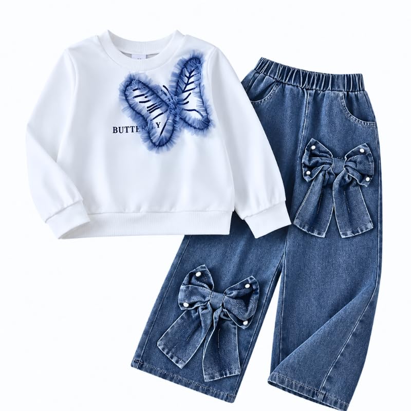 OrJana Conjunto de niña de 2 piezas para primavera y otoño, blusa a rayas con chaleco corazón y jeans de pata, estilo Preppy