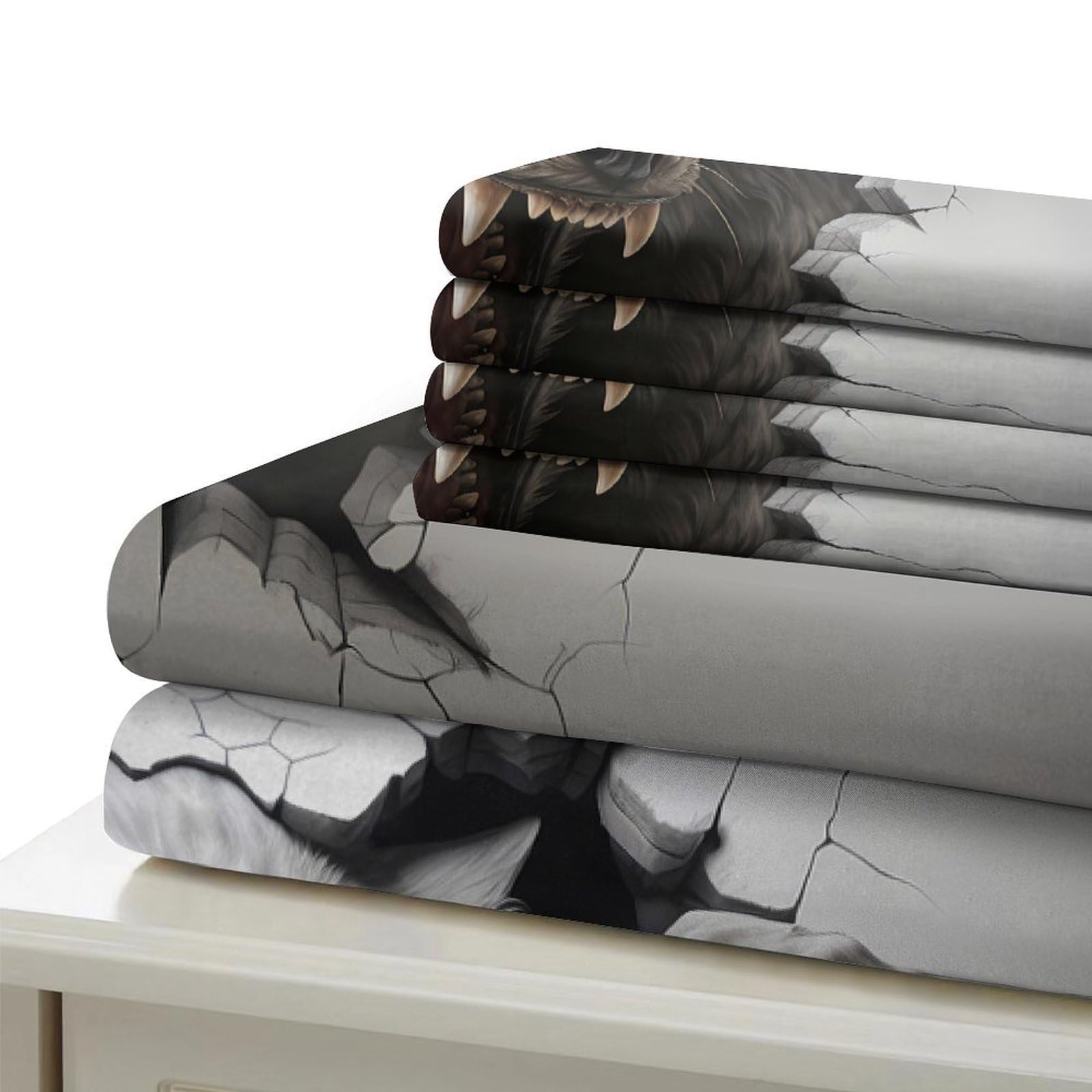 Grauer Wolf 3-teiliges Reines Polyester 3D Wandbild Stil Bettbezugset, Versteckter Reißverschluss, Für Kleinkinder, Babysicher & Gifffrei, Pflegeleicht King（220x240cm）