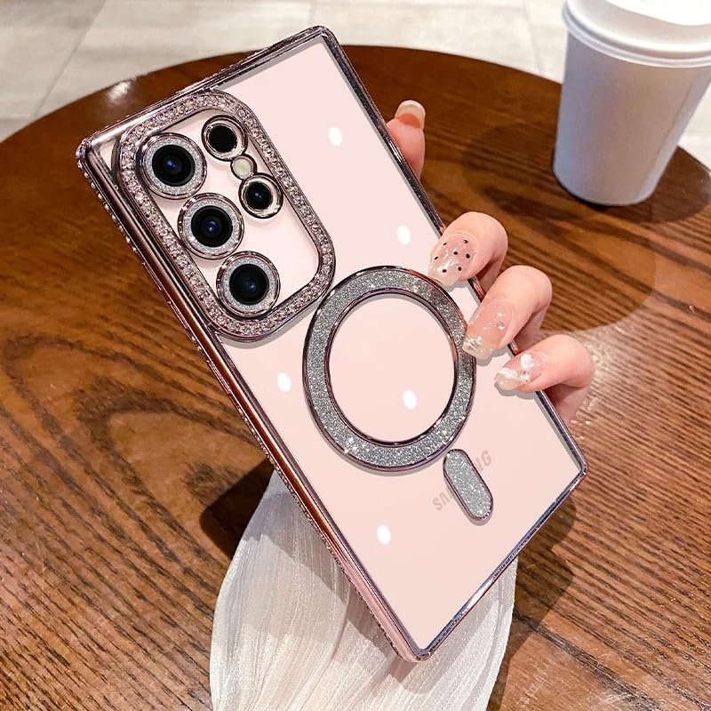 Image of for Samsung Galaxy Glitter Case,Luxury Bling Rhinestone Diamond Plated Bumper Case,MagSafe, Sparkle Camera Lens Protection Clear Back Cover (Pink, for Samsung Galaxy S25 Ultra)