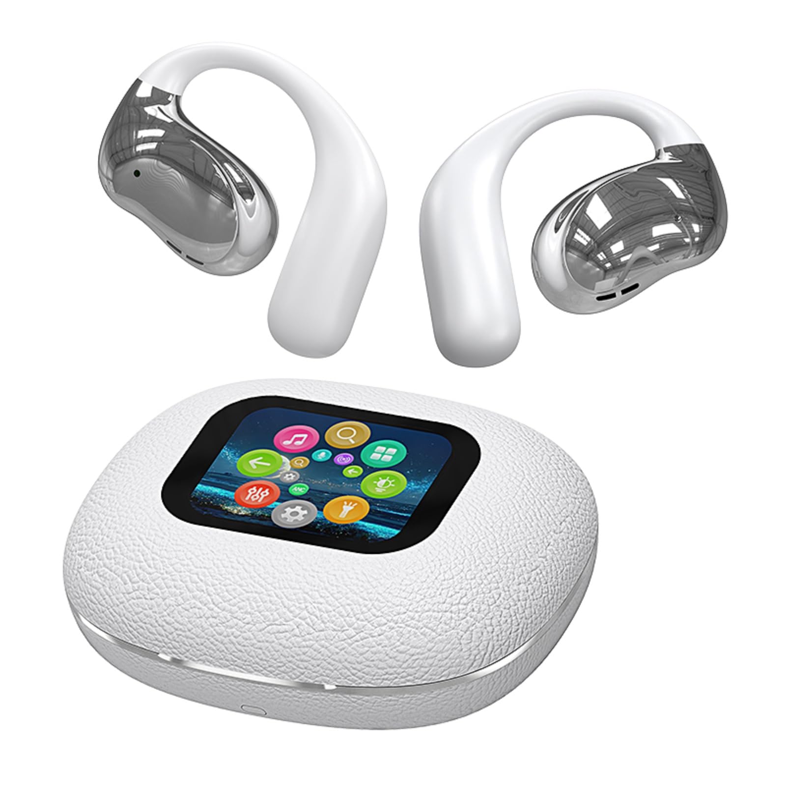 TWS - Auricolari wireless Bluetooth Smart Touch Screen Ultra Open Ear con ganci per le orecchie, auricolari sportivi con schermo sulla custodia, conduzione dell'aria, touchscreen, cuffie Bluetooth per