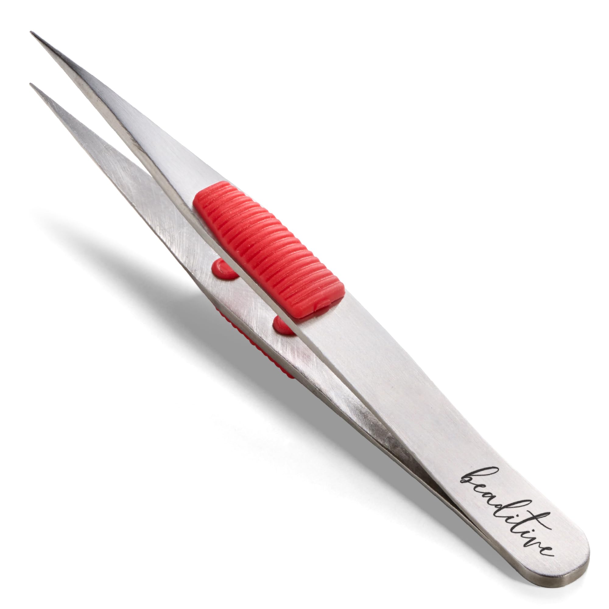 Beaditive Heavy-Duty Tweezers with Cushion - 4.7" Stainless Steel Craft Tweezers for Sewing, Beading & DIY Projects - Fine Point, Non-Serrated Needle Nose Tips