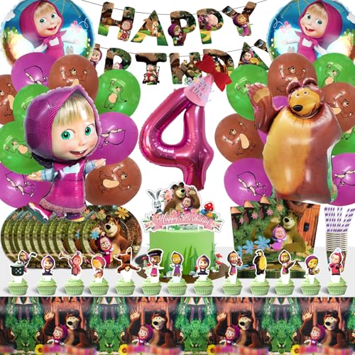 Forninc Masha aniversário 4 anos decoração, 101 peças, guardanapos, toalha de mesa, palhinhas de papel, conjunto de festa