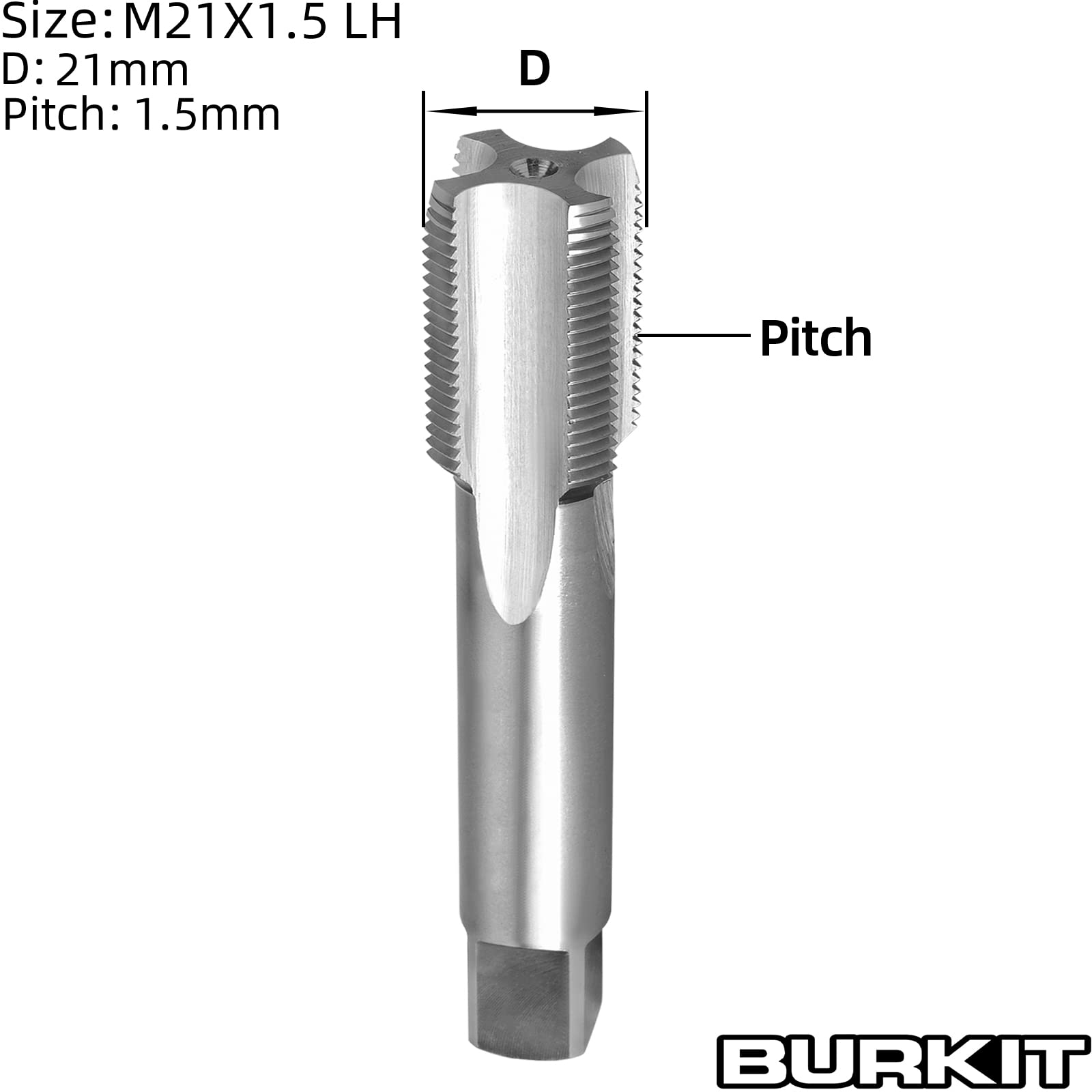Burkit Taraud à filetage M21 x 1,5 pour gaucher, acier rapide M21 x 1,5 pour machine à cannelure droite