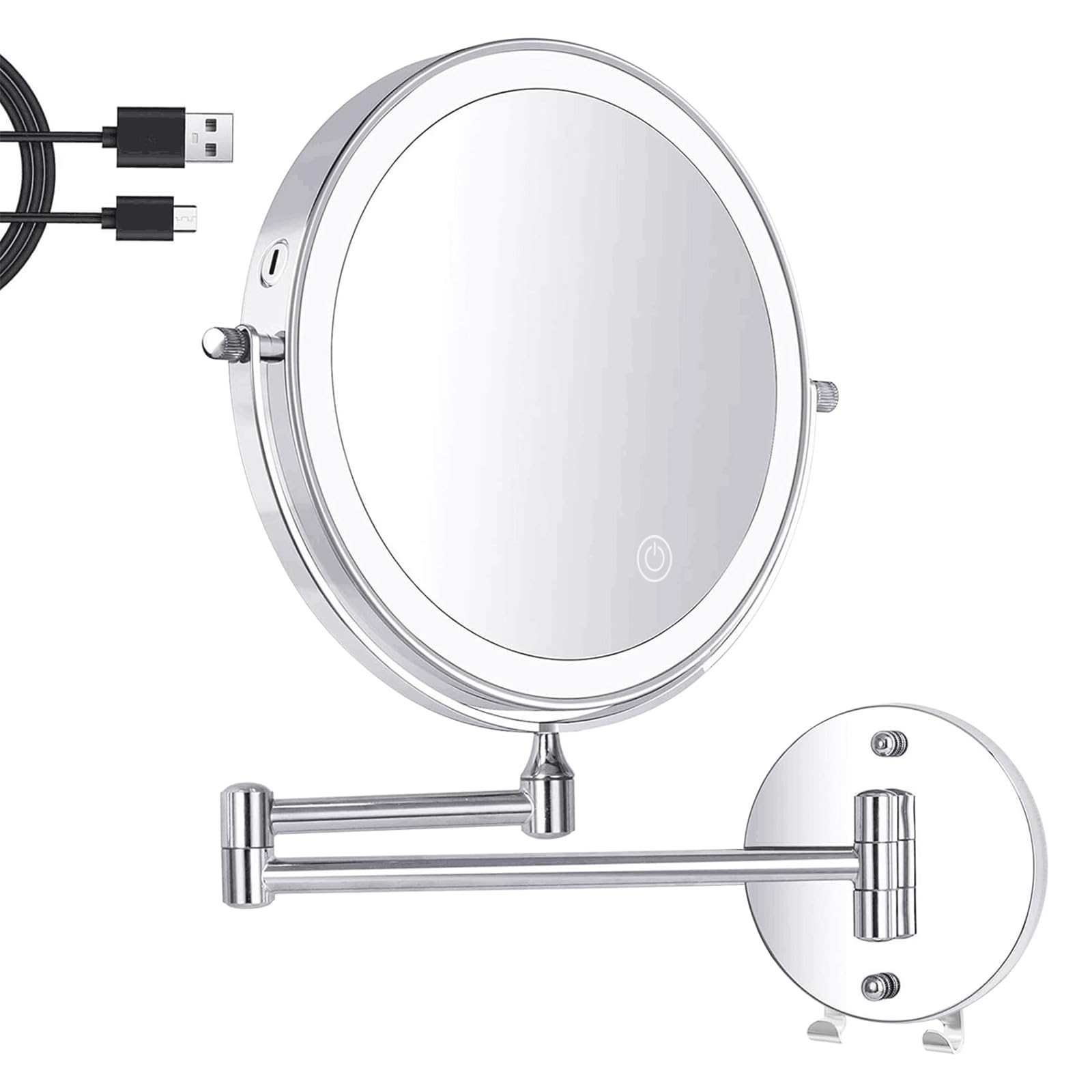 Specchio da trucco da parete da 20,3 cm, ricaricabile tramite USB, 3 luci di colore, specchio ingranditore 1x/10x, interruttore tattile, spegnimento intelligente a 360°, specchio di cortesia