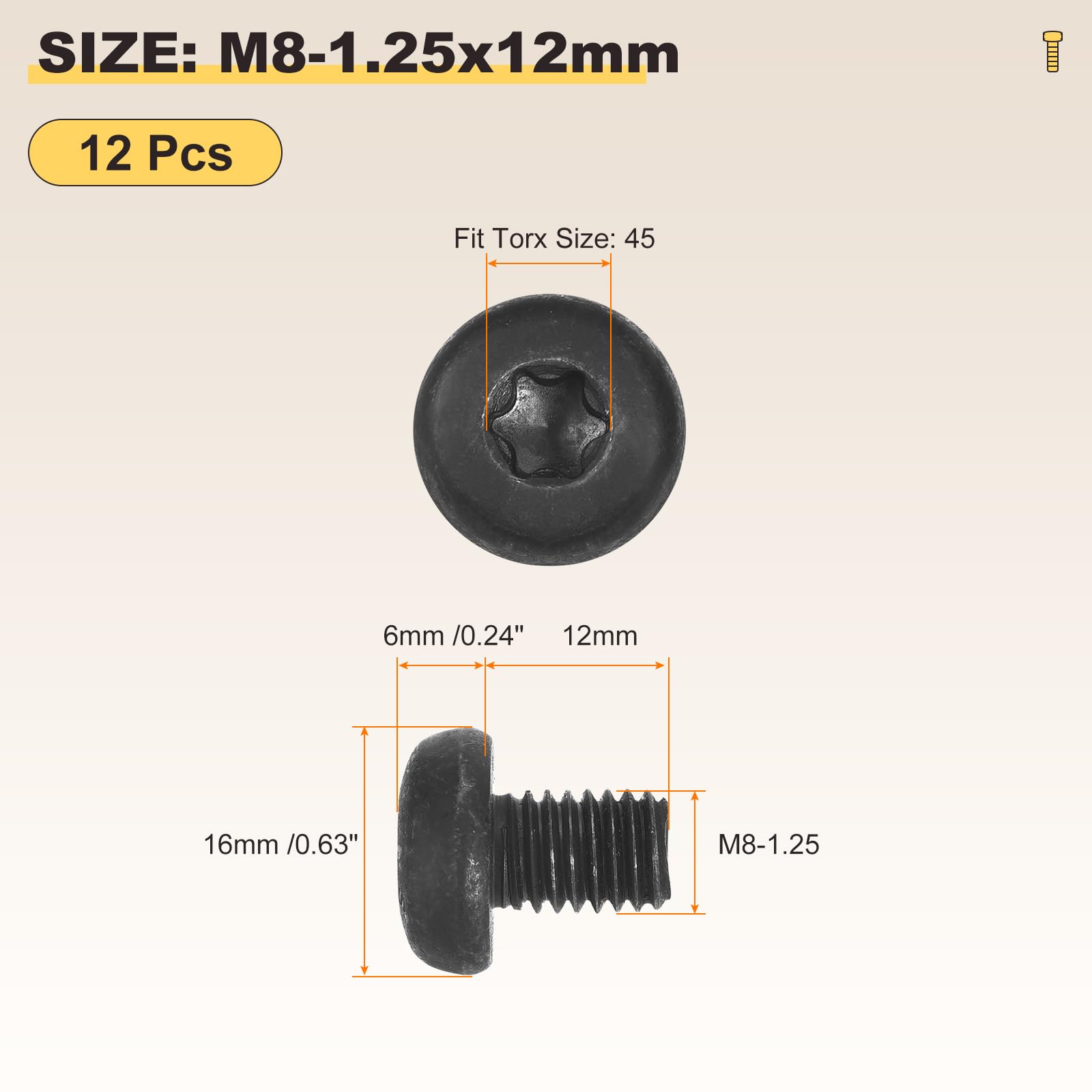 METALLIXITY Pan Head Torx Security Screws Bolts (M8-1.25x12mm) 12Pcs, Button Torx Head Machine Screws Carbon steel - Image 2