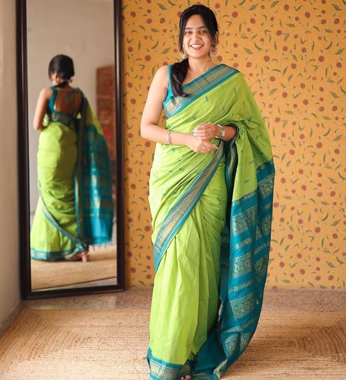 Image of South Cotton Gadwal Saree for Women | Celebrity Inspired Traditional Ethnic Wear | Chettinad & Kalyani Cotton Sarees | Soft Cotton Saree with Blouse Piece