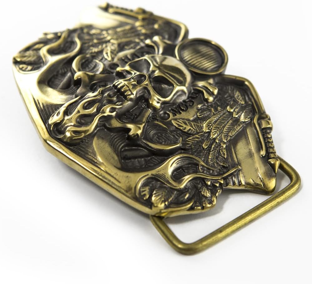 Belt buckle Route 66, Handmade biker solid brass belt buckle with motorcycle and skull