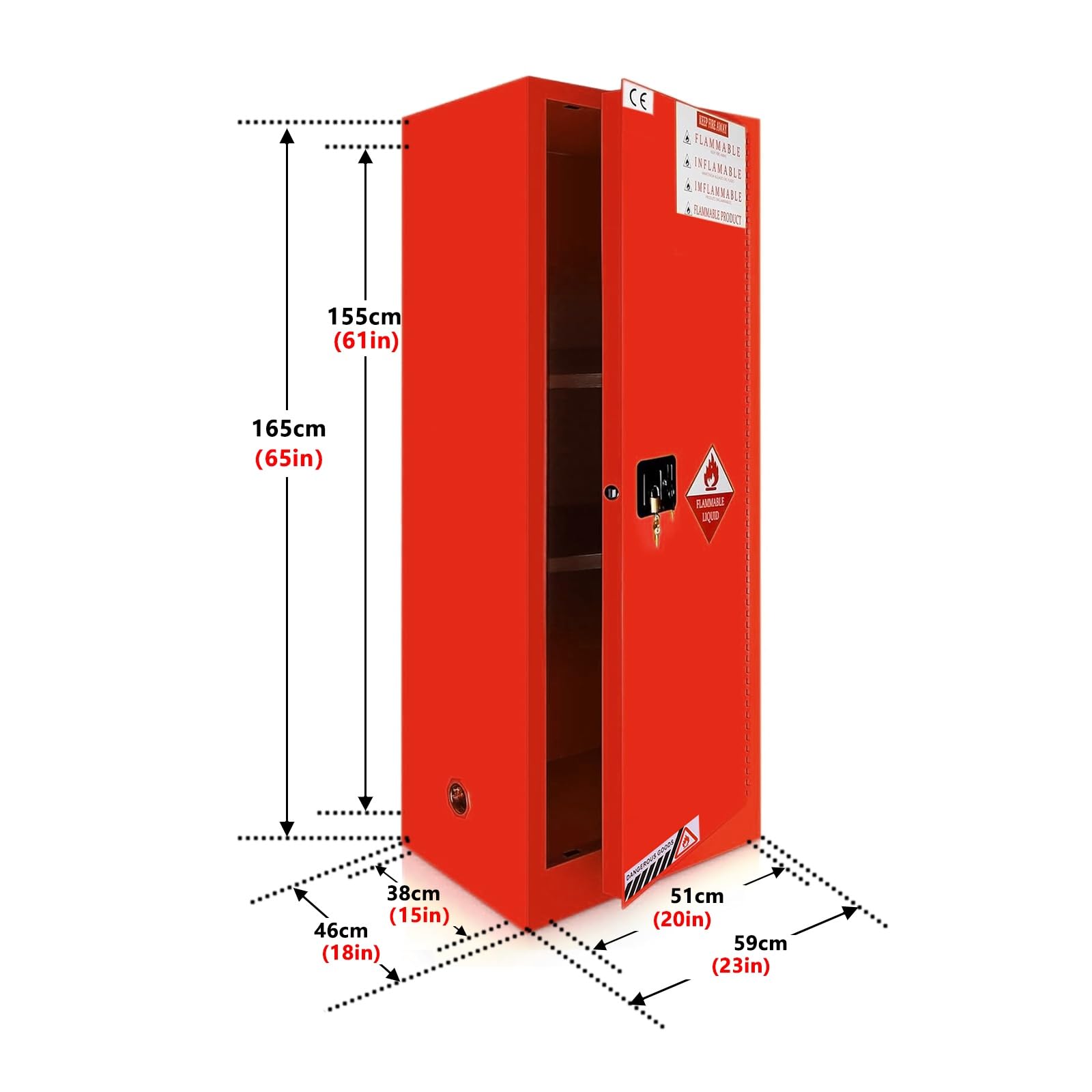 Gabinete de almacenamiento de líquidos inflamables de 22 galones, estante ajustable ignífugo, 65 x 23 x 18 pulgadas, para uso industrial comercial