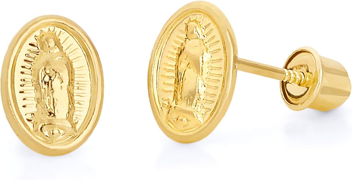 14k Yellow Gold Our Lady of Guadalupe Stud Earrings with Screw Back