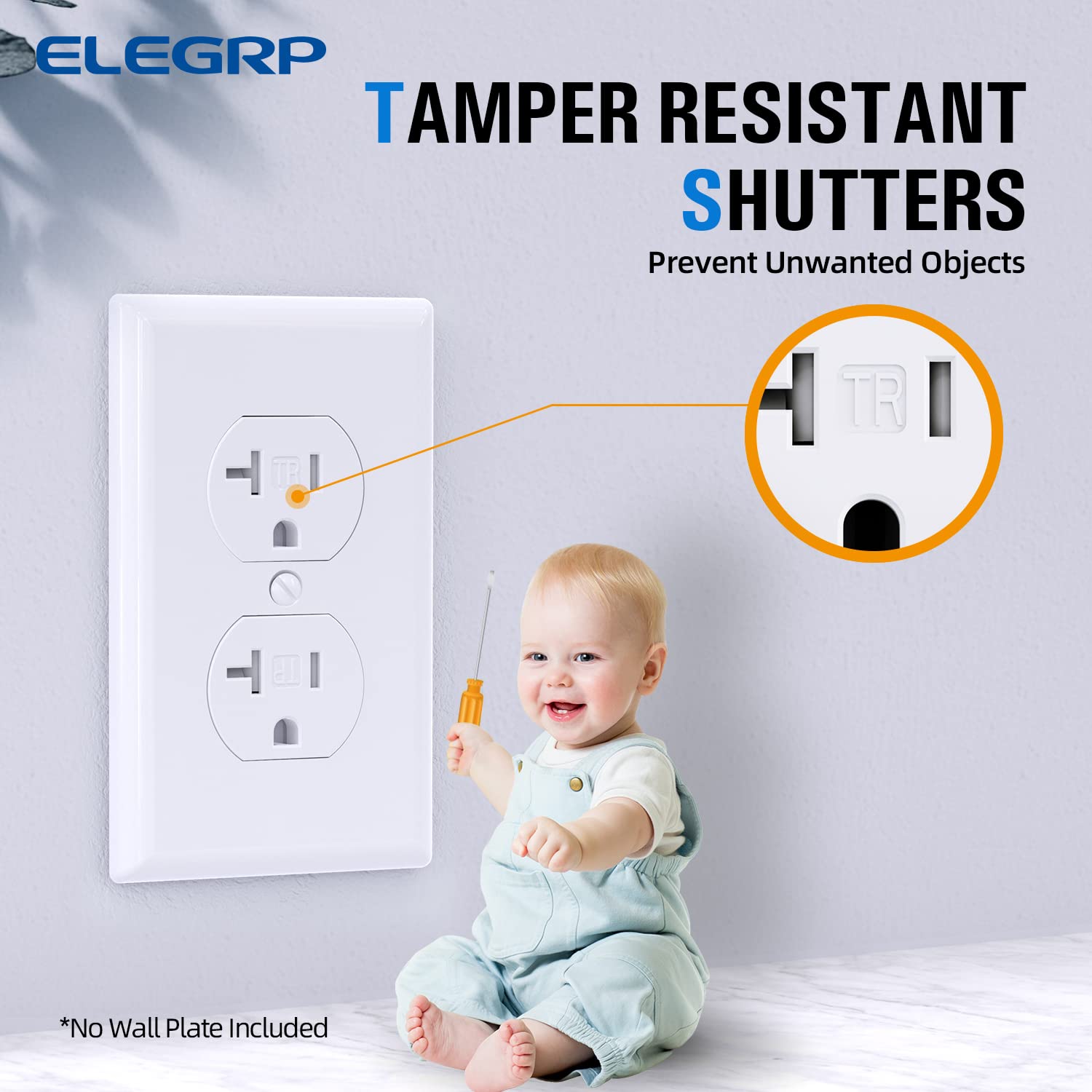 ELEGRP Tamper-Resistant Duplex Receptacle, 20A 125V Standard Electrical Duplex Wall Outlet, 2 Pole 3 Wire, 5-20R, Self-Grounding, Residential Grade Straight Blade, UL (Glossy White, 10 Pack)