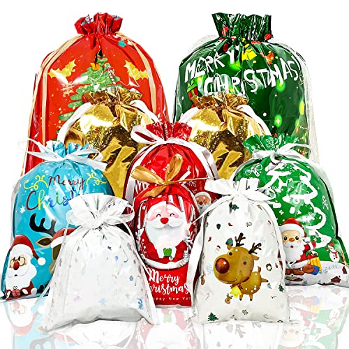 IMISHM Christmas Drawstring Gift Bags Christmas Wrapping Bags Xmas Treats Bags Christmas Party Favor with Ribbon Ties Christmas Gift Bags