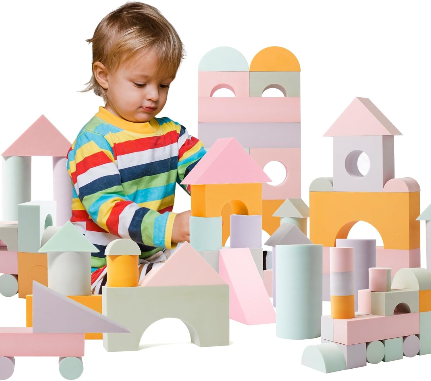 Set of 34 Jumbo Large Foam Blocks for Toddlers - Stacking Soft Blocks for Kids with Shapes & Colors Learning - Construction Building Preschool Toys - Giant Foam Bath Blocks for Toddlers 3-5 & above Pastel