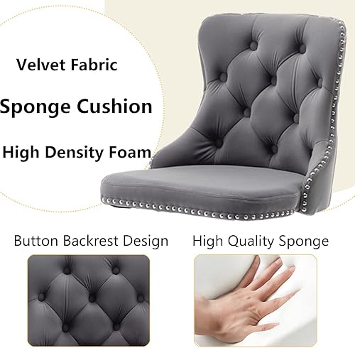 Miniatura 5 de Juego de 2 taburetes de bar de terciopelo, taburetes de bar giratorios de altura de mostrador con ribete de cabezas de clavos y botón, taburetes de