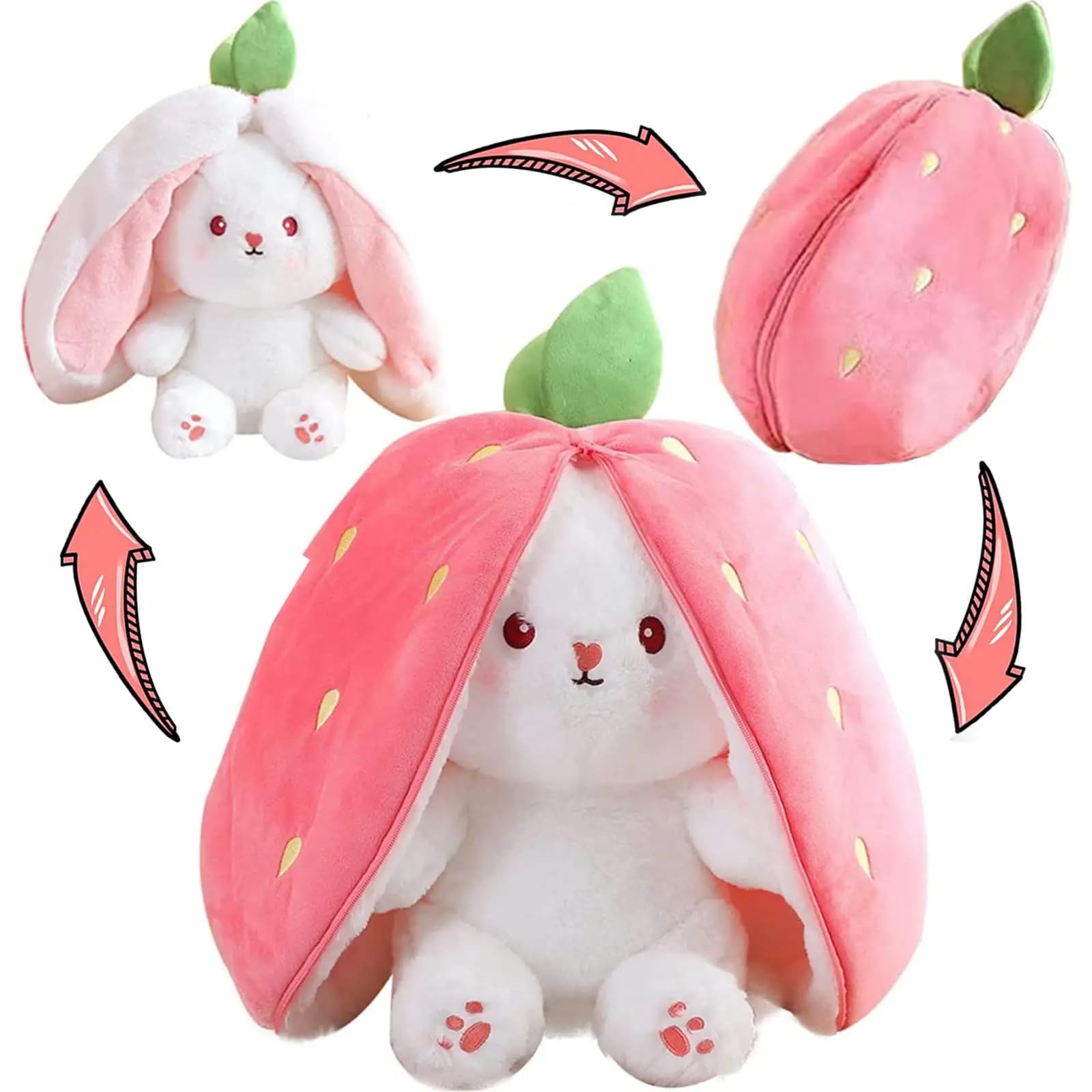 ADORA Reversible Strawberry Bunny Soft Toy | Cute Plush Doll for Kids | 2-in-1 Stuffed Toy Pillow | Soft Toys for Baby Girls, Birthday Gift for Girlfriend, Girls Gift Items, Plushies for Kids