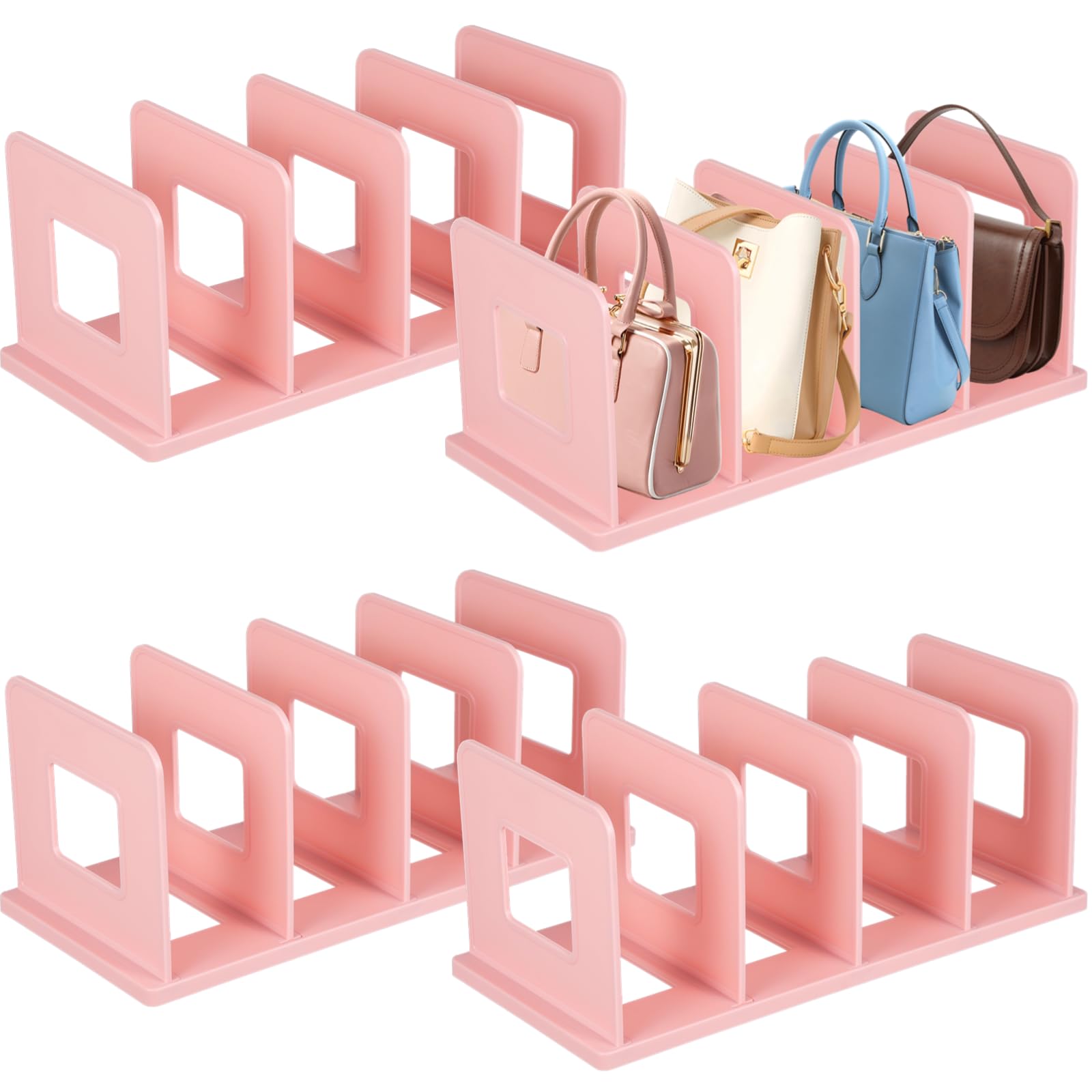 Tideme 4PCS Purse Organizers, 13.7 x 5.9 x 5.5-Inches,Adjustable Closet Organizer, Handbag Shelf Divider Storage Organizer for 8 Big Handbags/16 Small Handbags?Pink?