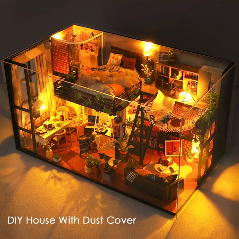 Kit fai da te in miniatura per casa delle bambole con copertura antipolvere, kit fai da te per casa delle bambole in legno per stanza creativa, mini kit di costruzione per adulti
