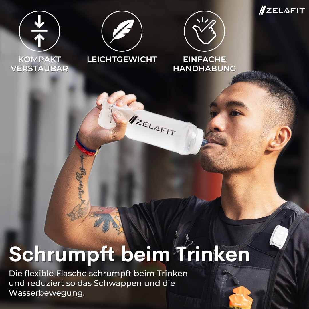 ZelaFit® 2x Faltbare Trinkflasche 500 ml, Soft Flask Trinkbeutel für Laufen & Trailrunning, Leichte Laufflasche mit Beißventil, BPA-frei und Auslaufsicher, Faltflasche