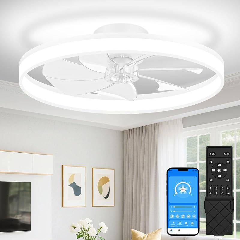 Low Profile Ceiling Fans with Lights and Remote, 27.6in Fandelier Ceiling Fan Flush Mount, 3000K-6500K Smart Bladeless LED Fan Light, White Modern Ceiling Fans with Lights for Bedroom