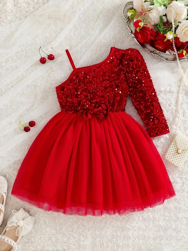 Image of Niren Enterprise Girl's Fit And Flare Knee Length Sequence String Sleeve Off Shoulder Neck Fla Dress with Sequence Bow