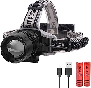 XHP70 Head Torch USB Rechargeable, 90000 Lumens XHP70 Headlamp Super Bright Head Lamp Zoomable Digital Power Display, 4 Modes, Waterproof Red &Blue Warn Light Perfect for Climbing, Fishing, Camping