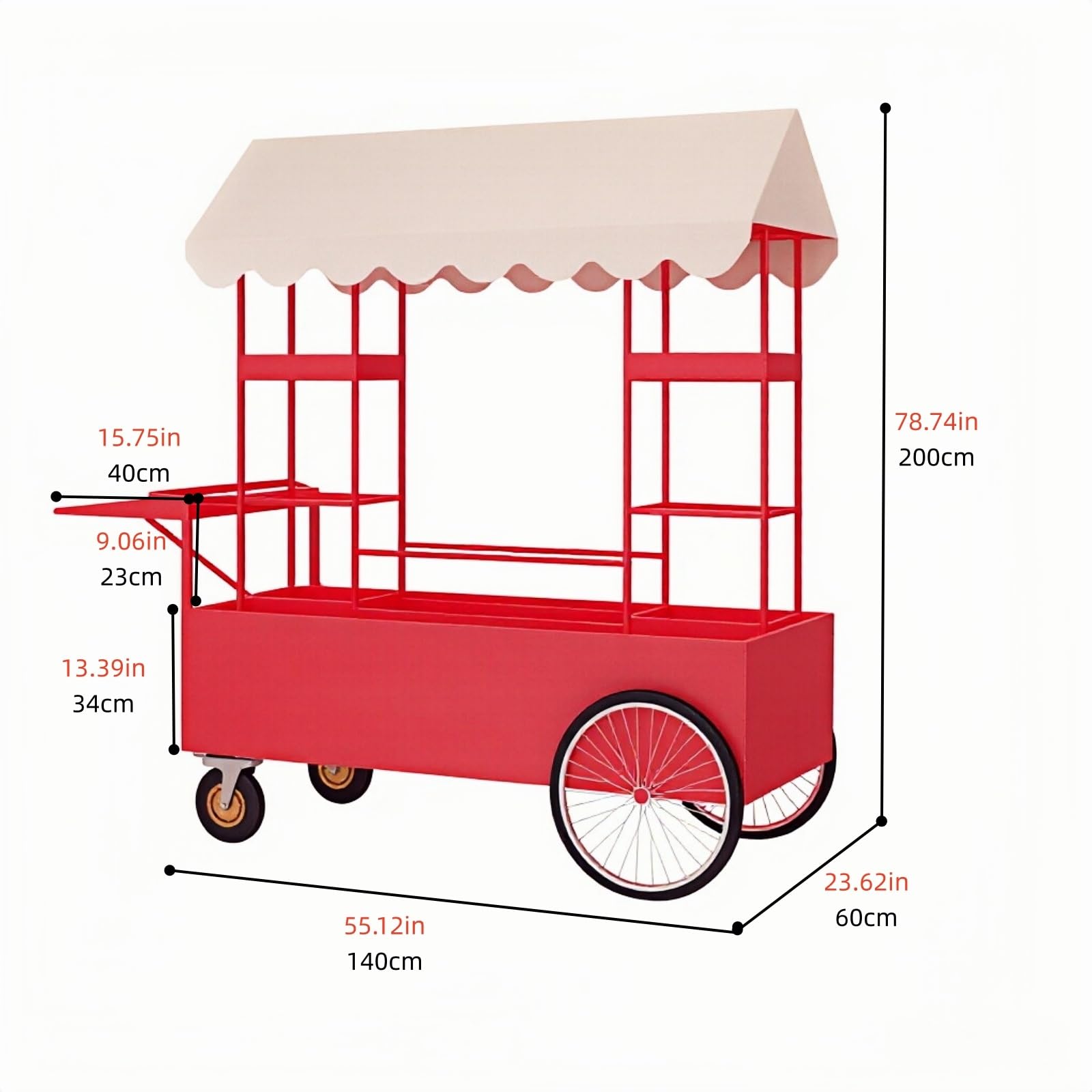 Imbisswagen mit Lenkrollen, Verkaufswagen for Blumen – for Parks, Einkaufszentren, Spielplätze(Red)