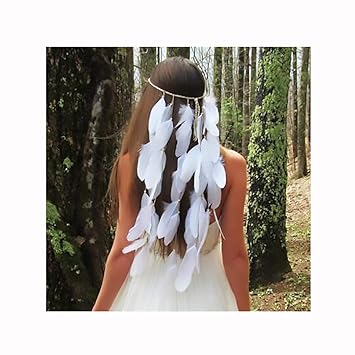 Campsis Indian Feather Headband Hippie White Headwear Bohemia Peacock Tassel Headpiece for Women and Girls