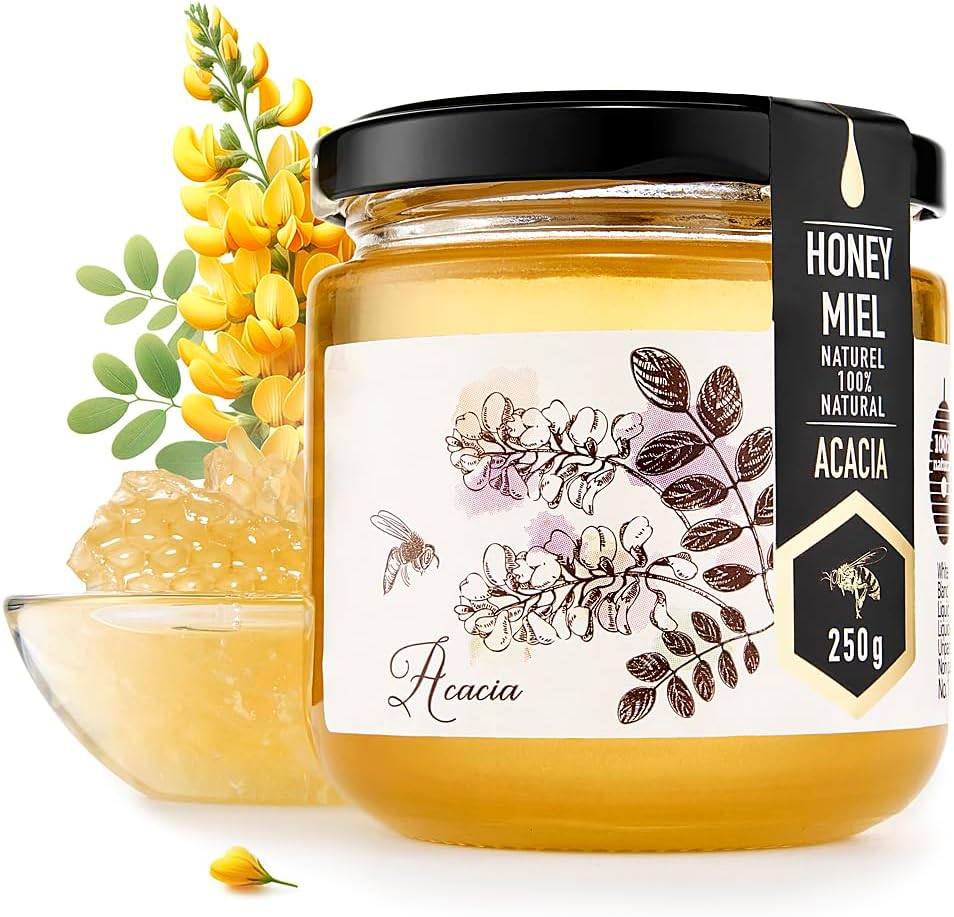 HONIGMA® Raw Acacia Honey | Exquisite Taste | 100% Pure | Unpasteurized | Unfiltered | Partially crystallized | 8.8 Fl Oz | Pack of 1