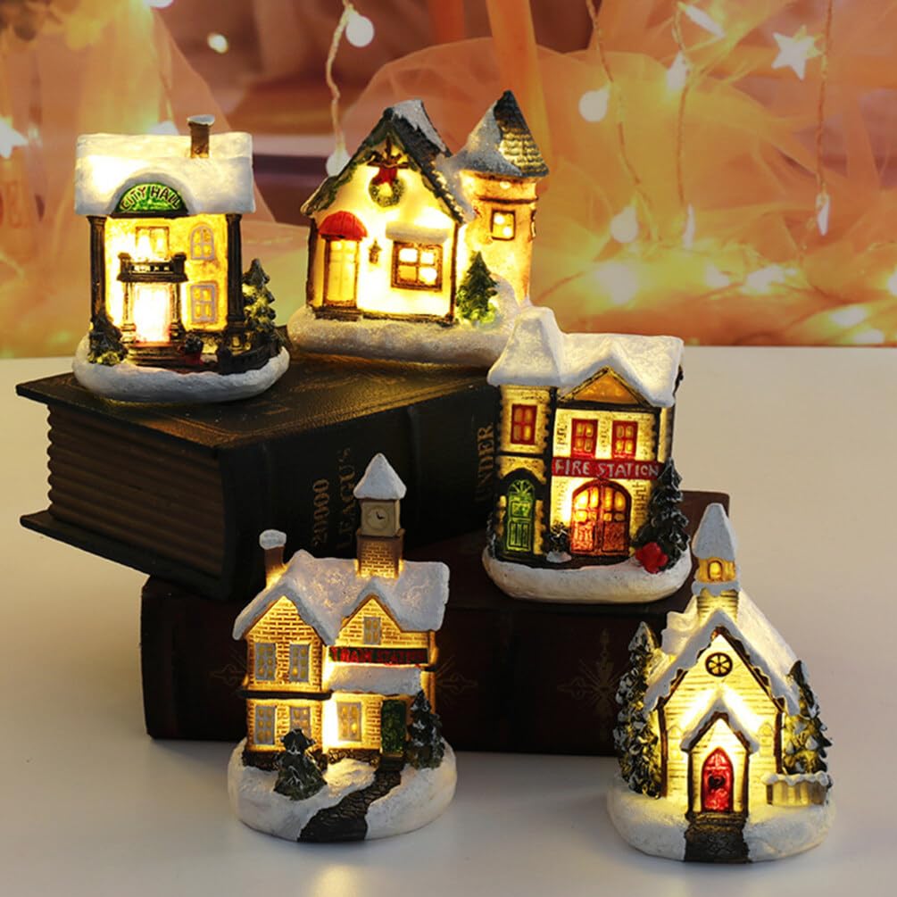 Uonlytech 4 piezas Navidad casa luminosa led pueblo bricolaje cabaña de resina modelo colgante adornos para árbol de Navidad decoración de mesa del hogar
