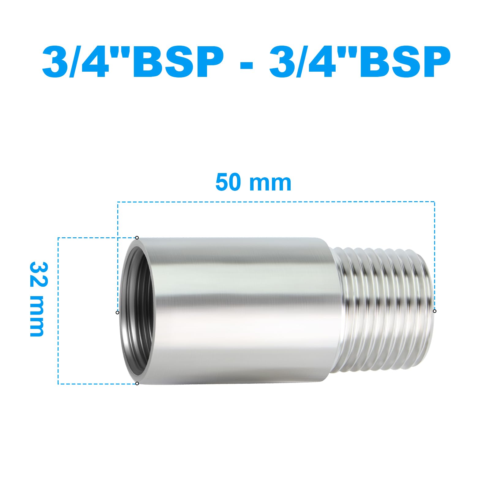 2 piezas 50mm 3/4" Hembra x 3/4" Macho BSP Nipple Cast Pipe 304 Stainless Steel Pipe Fittings — view 2