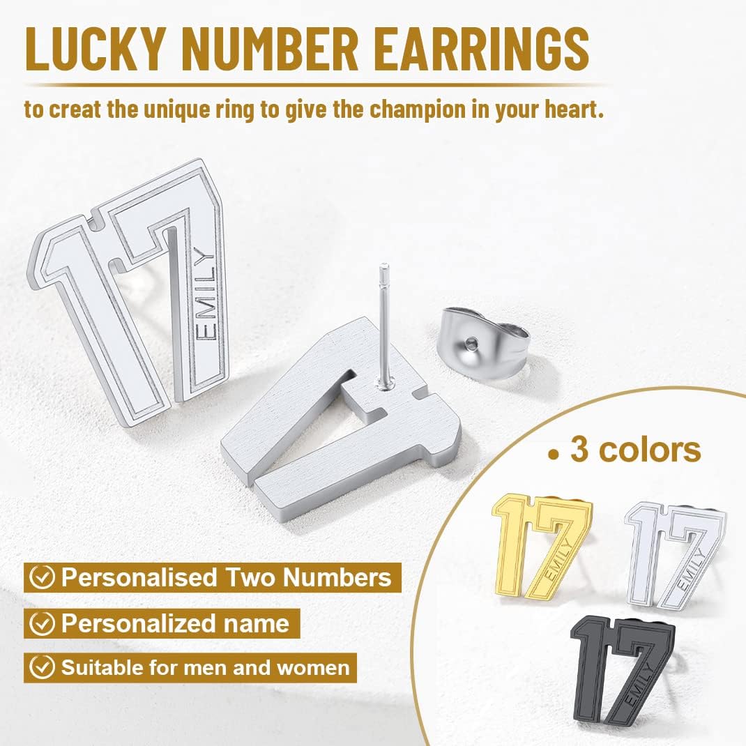 GoldChic Jewelry Sport Number Earrings for Men, Custom Name Stud Earrings For Sport Players Fans, Stainless Steel Baseball Basketball Football Soccer Volleyball Ear Jewelry Gift For Athlete
