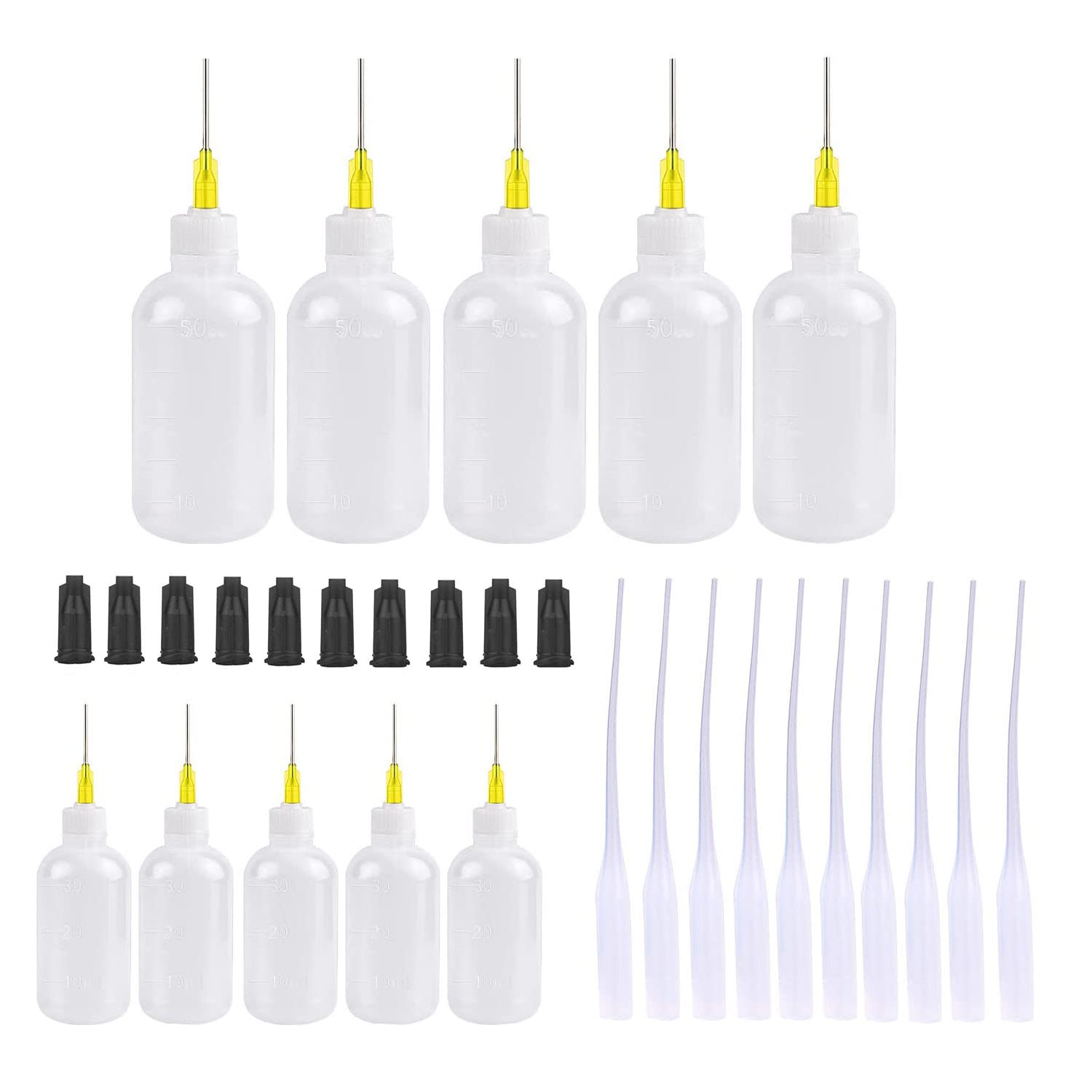 30Pcs 30ml 50ml Precision Tip Applicator Bottles Kit, Dispensers Applicator Bottles for Liquid, Glue Oil, Acrylic Paint – 10 Plastic Squeeze Bottles, 10 Black Syringe Caps and 10pcs Glue Nozzles