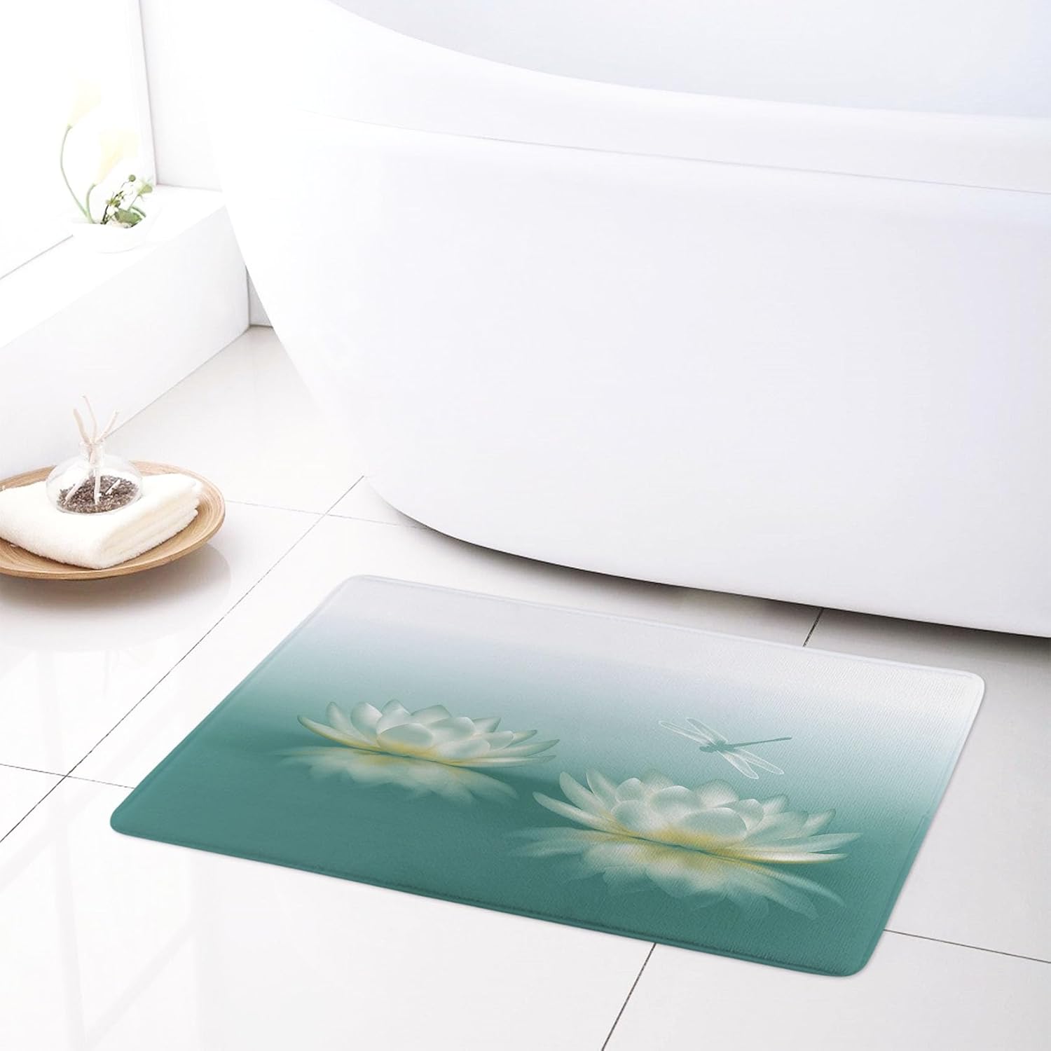 HVEST Zen Floral Shower Curtain Set,Green Water Lily Flower and Dragonfly Bathroom Sets with Shower Curtain and Rugs,Modern Spa Bathroom Decor Curtain Set,70L X 70W inches