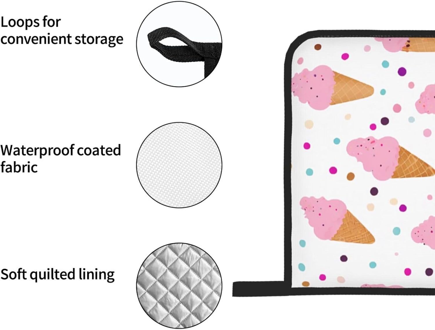 (Ice Cream Cones) Baking 4-Piece Set: 2 Oven Mitts and 2 Pot Holders Heat Resistant Waterproof Hanging Loop for Kitchen Oven Grill Housewarming Gifts