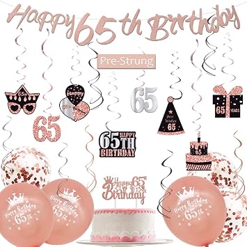 WOJOGO 65th Birthday Decorations for Women, Rose Gold 65th Birthday Decor Kit with Banner, Cake Topper, Balloons